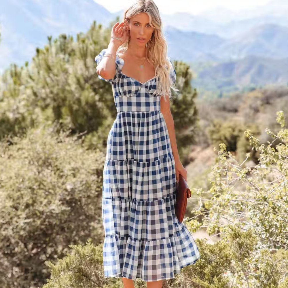 VICI GINGHAM PUFF SLEEVE DRESS - NAVY